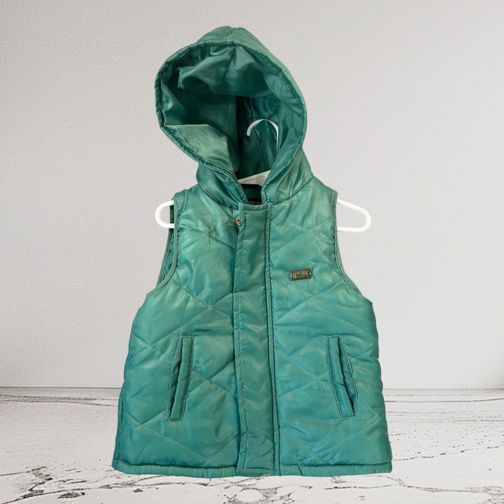 DKNY Girls Teal Green Quilted Puffer Vest Hooded Size 5 B9558DG